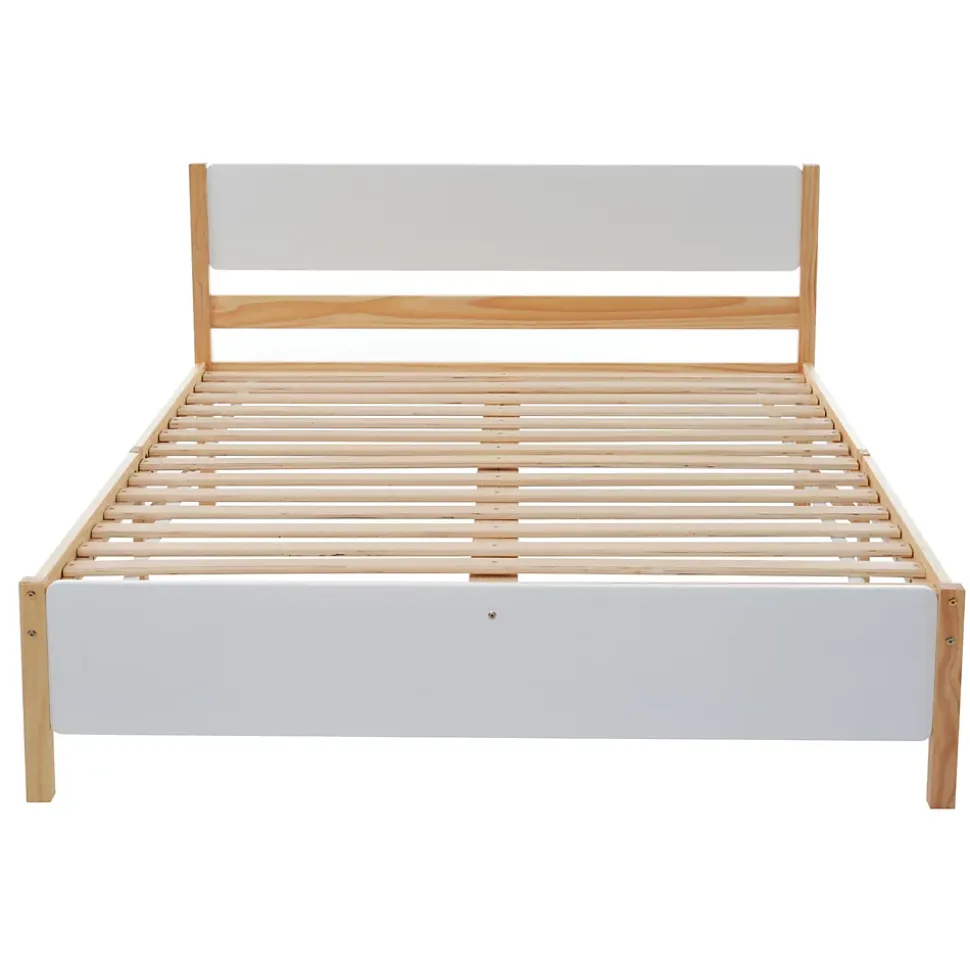 Lit double 140x200 cm - Lit avec tête et pied de lit - Pin + MDF - Sans matelas - Blanc + Naturel