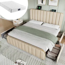 Lit double 140x200 cm - Lit avec tiroirs et fonction USB Type-C - Lin - Matelas Inclus - Beige