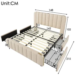 Lit double 140x200 cm - Lit avec tiroirs et fonction USB Type-C - Lin - Matelas Inclus - Beige