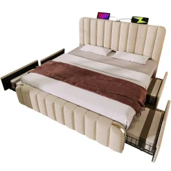 Lit double 140x200 cm - Lit avec tiroirs et fonction USB Type-C - Lin - Matelas Inclus - Beige