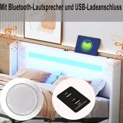 Lit Double 160x200 cm - Lit avec Éclairage LED, Bluetooth et USB Intégré, Coffre PU, Sans Matelas, Blanc