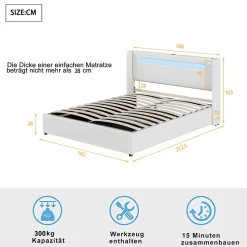 Lit Double 160x200 cm - Lit avec Éclairage LED, Bluetooth et USB Intégré, Coffre PU, Sans Matelas, Blanc