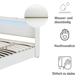 Lit Double 160x200 cm - Lit avec Éclairage LED, Bluetooth et USB Intégré, Coffre PU, Sans Matelas, Blanc