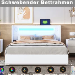 Lit Double 160x200 cm - Lit avec Éclairage LED, Bluetooth et USB Intégré, Coffre PU, Sans Matelas, Blanc