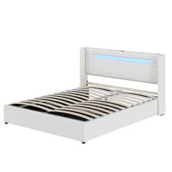 Lit Double 160x200 cm - Lit avec Éclairage LED, Bluetooth et USB Intégré, Coffre PU, Sans Matelas, Blanc