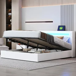 Lit Double 160x200 cm - Lit avec Éclairage LED, Bluetooth et USB Intégré, Coffre PU, Sans Matelas, Blanc