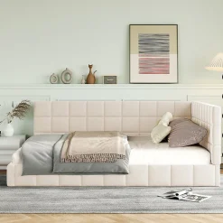 Lit Double 140x200 cm - Lit Canapé enfant, Structure Robuste avec Velours Doux au Toucher, Sans Matelas - Beige