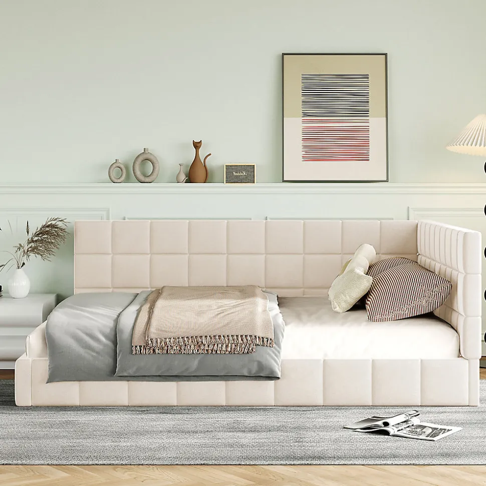 Lit Double 140x200 cm - Lit Canapé enfant, Structure Robuste avec Velours Doux au Toucher, Sans Matelas - Beige