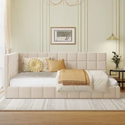 Lit Double 140x200 cm - Lit Canapé enfant, Structure Robuste avec Velours Doux au Toucher, Sans Matelas - Beige