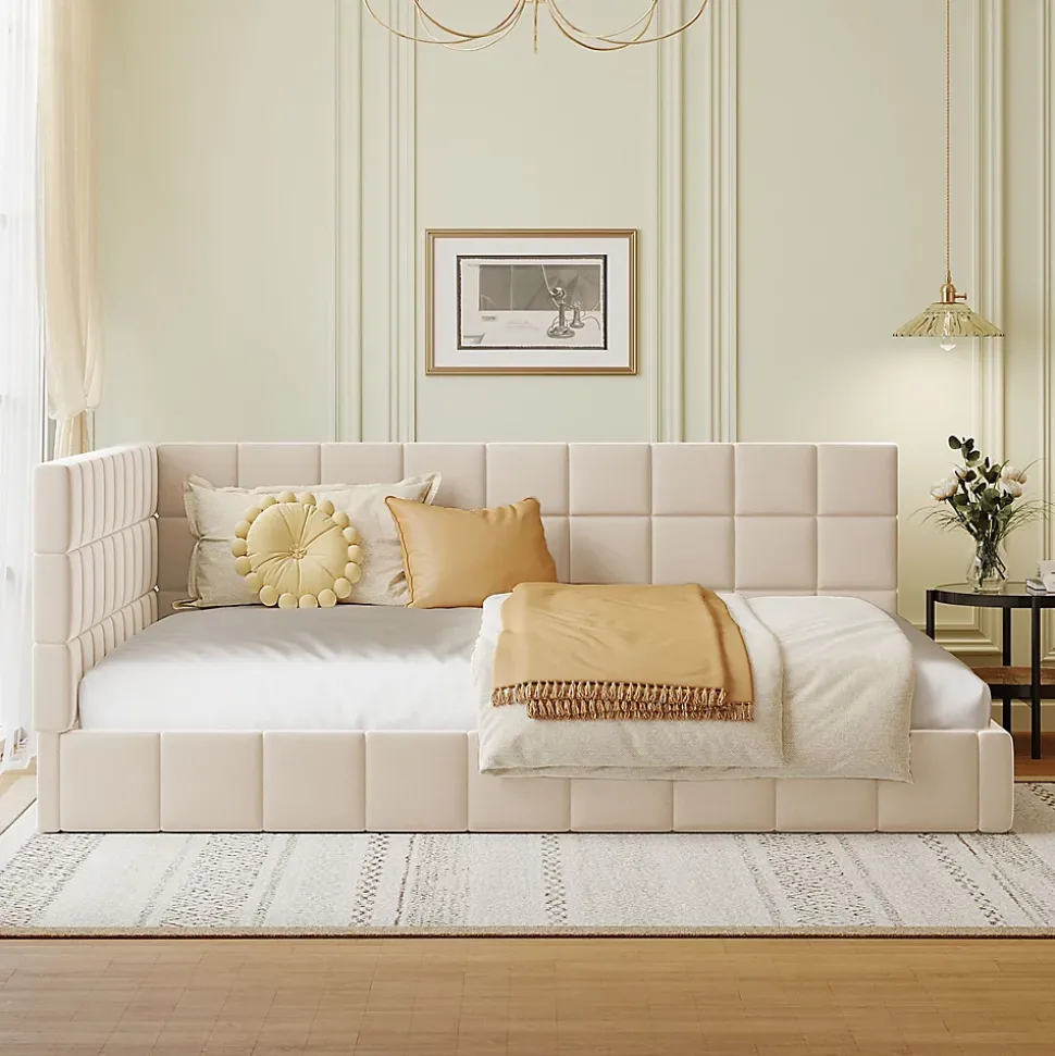 Lit Double 140x200 cm - Lit Canapé enfant, Structure Robuste avec Velours Doux au Toucher, Sans Matelas - Beige