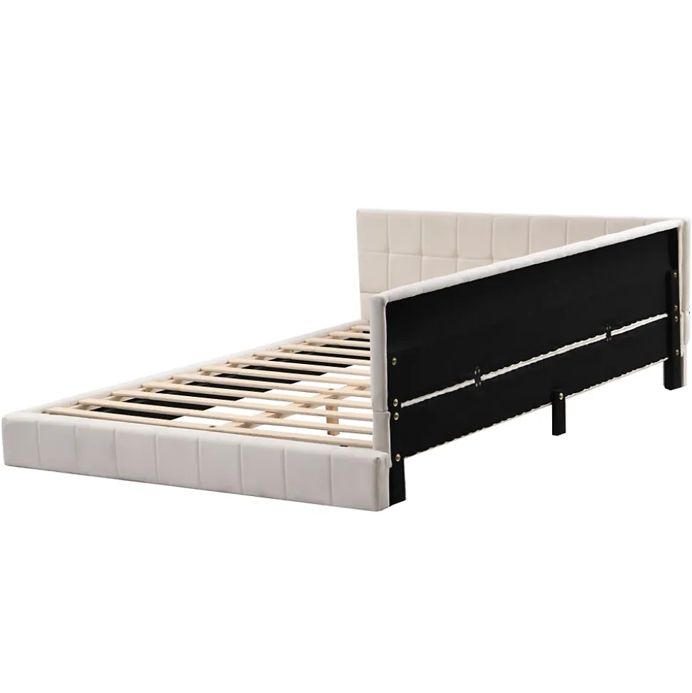 Lit Double 140x200 cm - Lit Canapé enfant, Structure Robuste avec Velours Doux au Toucher, Sans Matelas - Beige