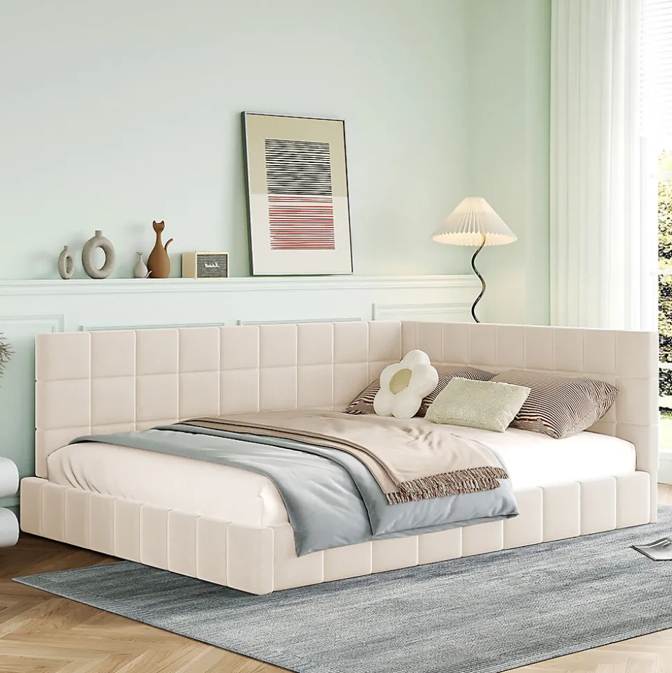 Lit Double 140x200 cm - Lit Canapé enfant, Structure Robuste avec Velours Doux au Toucher, Sans Matelas - Beige