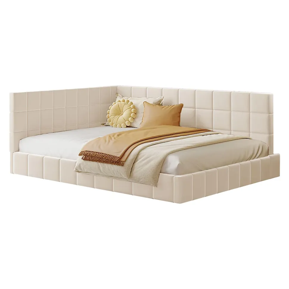 Lit Double 140x200 cm - Lit Canapé enfant, Structure Robuste avec Velours Doux au Toucher, Sans Matelas - Beige