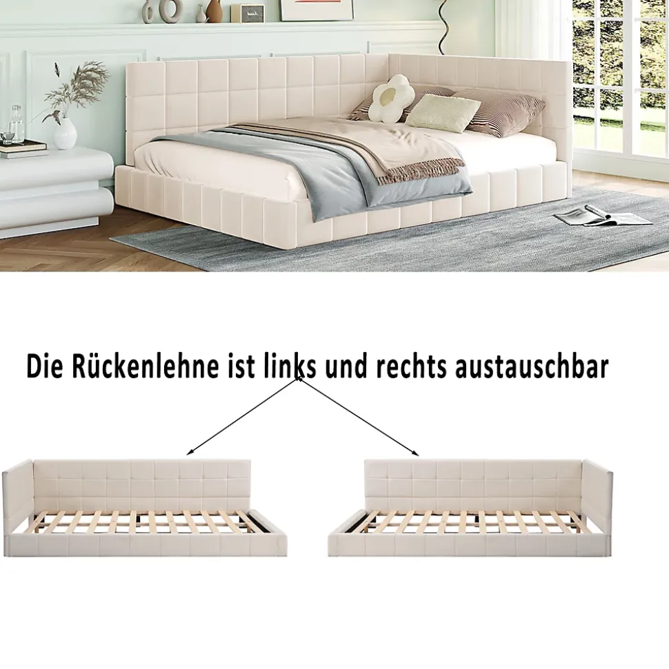 Lit Double 140x200 cm - Lit Canapé enfant, Structure Robuste avec Velours Doux au Toucher, Sans Matelas - Beige