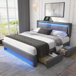 Lit Double 140x190 cm - Lit Capitonné PU avec Rangement et Éclairage LED Intégré - Gris - Sans Matelas
