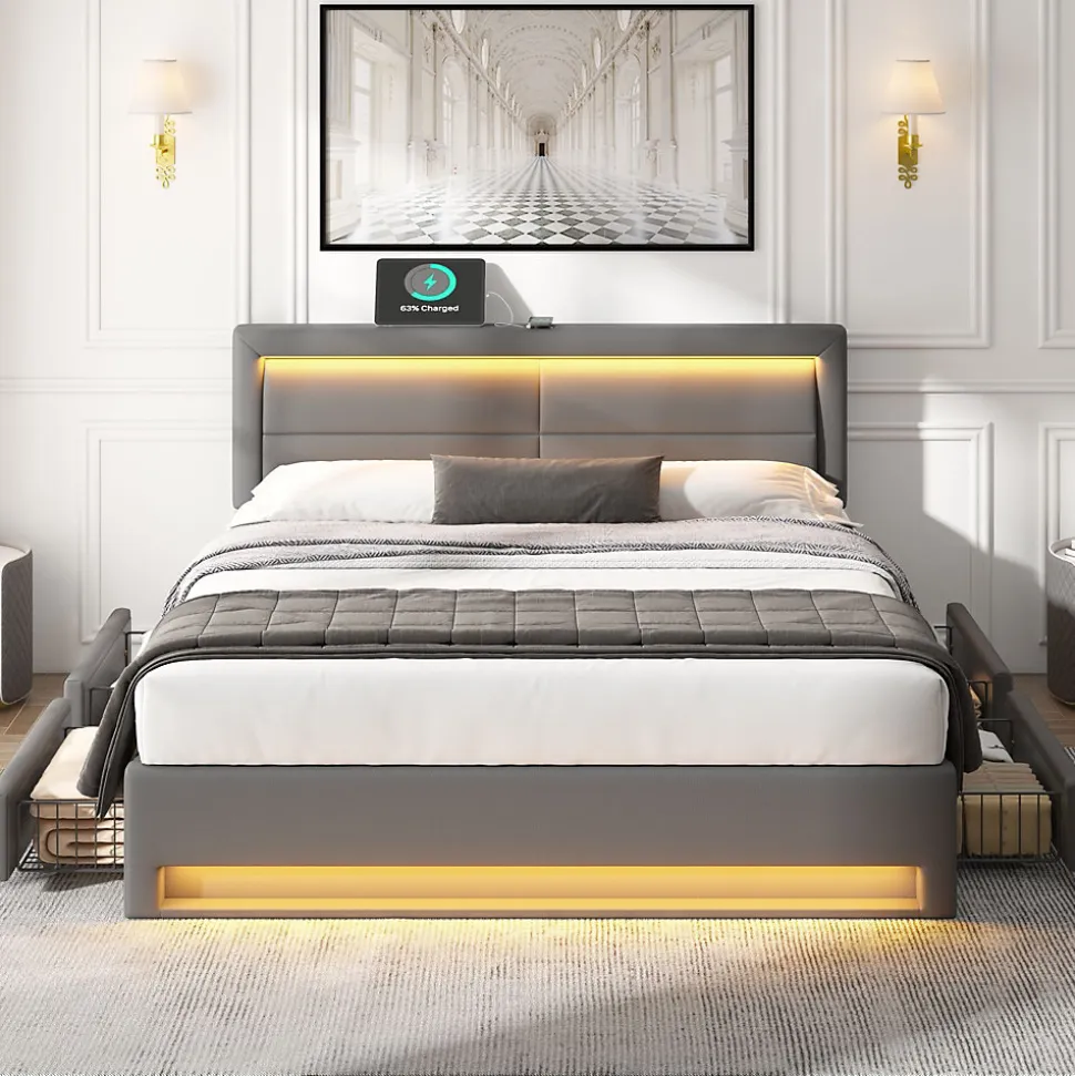 Lit Double 140x190 cm - Lit Capitonné PU avec Rangement et Éclairage LED Intégré - Gris - Sans Matelas
