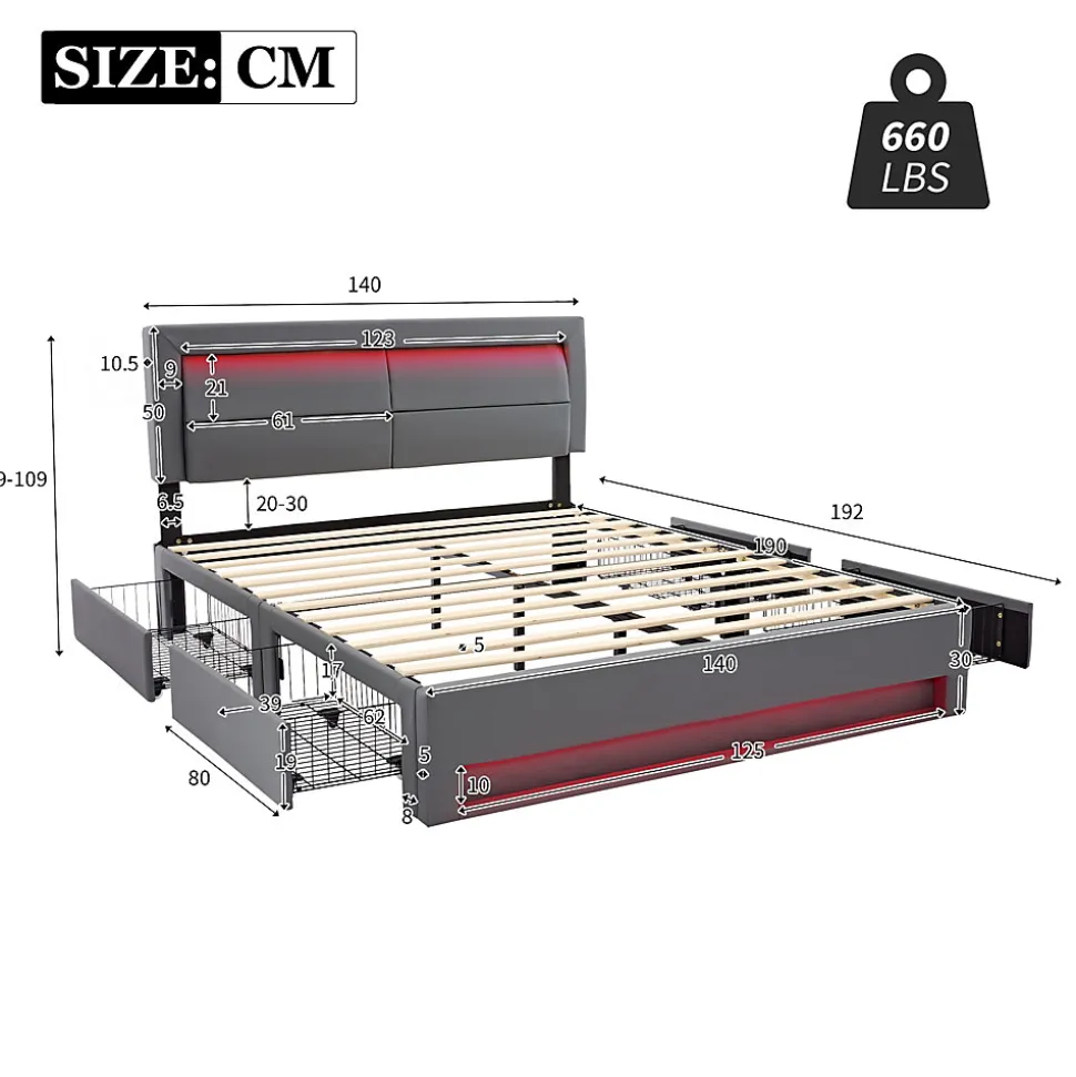 Lit Double 140x190 cm - Lit Capitonné PU avec Rangement et Éclairage LED Intégré - Gris - Sans Matelas