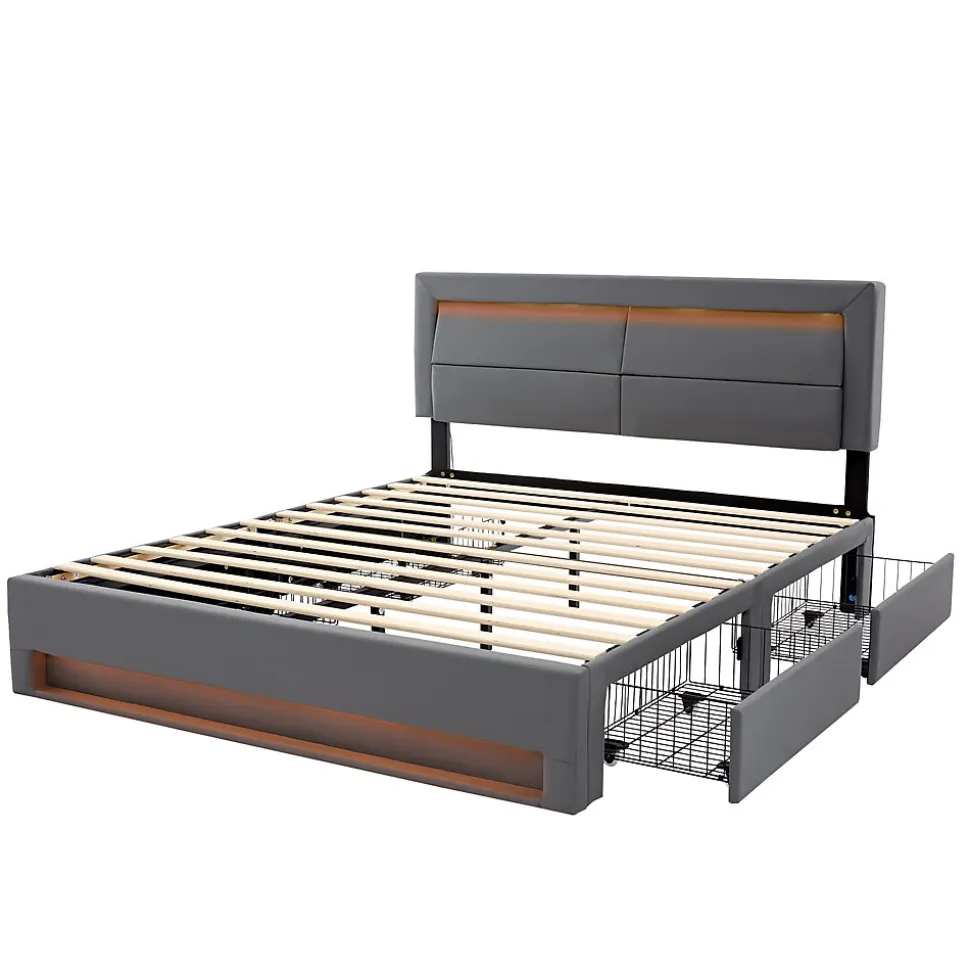 Lit Double 140x190 cm - Lit Capitonné PU avec Rangement et Éclairage LED Intégré - Gris - Sans Matelas