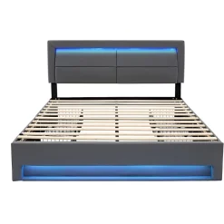 Lit Double 140x190 cm - Lit Capitonné PU avec Rangement et Éclairage LED Intégré - Gris - Sans Matelas