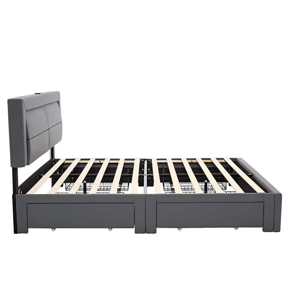 Lit Double 140x190 cm - Lit Capitonné PU avec Rangement et Éclairage LED Intégré - Gris - Sans Matelas