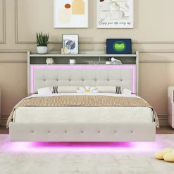 Lit Double 140x200 cm - Lit capitonné Adulte avec LED Intégrée et Port USB, Pieds Cachés Lin Beige