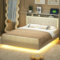 Lit Double 140x200 cm - Lit capitonné Adulte avec LED Intégrée et Port USB, Pieds Cachés Lin Beige