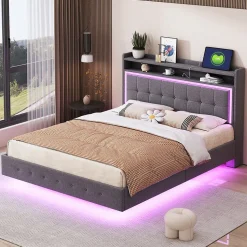 Lit Double 140x200 cm - Lit capitonné Adulte avec LED Intégrée et Port USB, Pieds Cachés Lin Gris