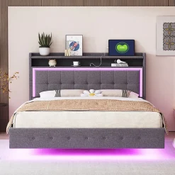 Lit Double 140x200 cm - Lit capitonné Adulte avec LED Intégrée et Port USB, Pieds Cachés Lin Gris