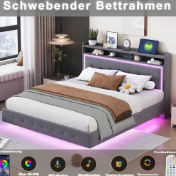 Lit Double 140x200 cm - Lit capitonné Adulte avec LED Intégrée et Port USB, Pieds Cachés Lin Gris