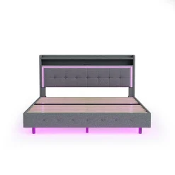 Lit Double 140x200 cm - Lit capitonné Adulte avec LED Intégrée et Port USB, Pieds Cachés Lin Gris