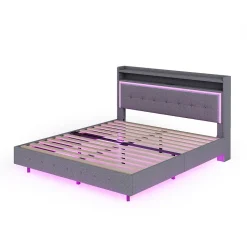Lit Double 140x200 cm - Lit capitonné Adulte avec LED Intégrée et Port USB, Pieds Cachés Lin Gris