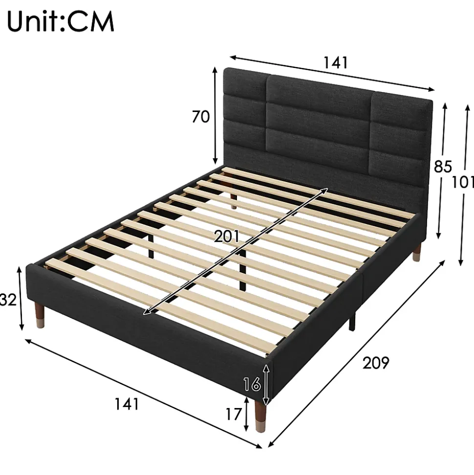 Lit double 140x200 cm - Lit capitonné avec sommier à lattes - Lin - Sans Matelas - Noir