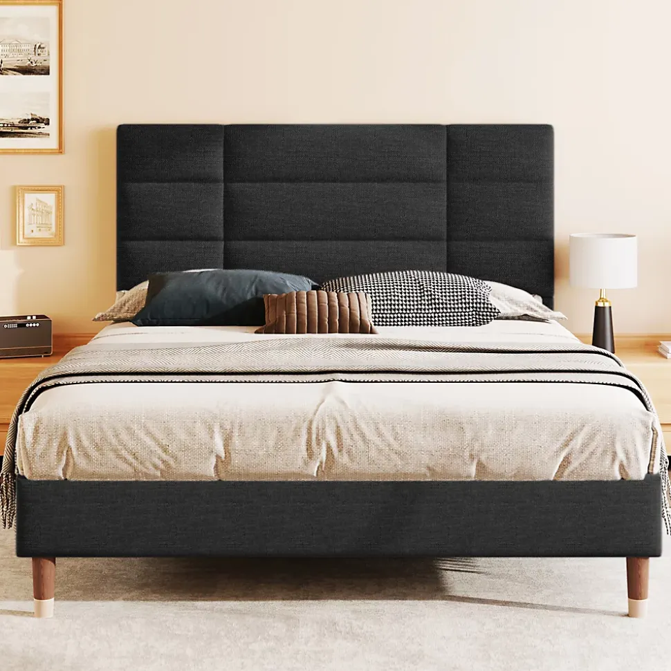 Lit double 140x200 cm - Lit capitonné avec sommier à lattes - Lin - Sans Matelas - Noir