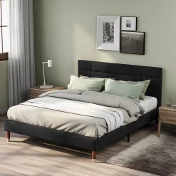 Lit double 140x200 cm - Lit capitonné avec sommier à lattes - Lin - Sans Matelas - Noir