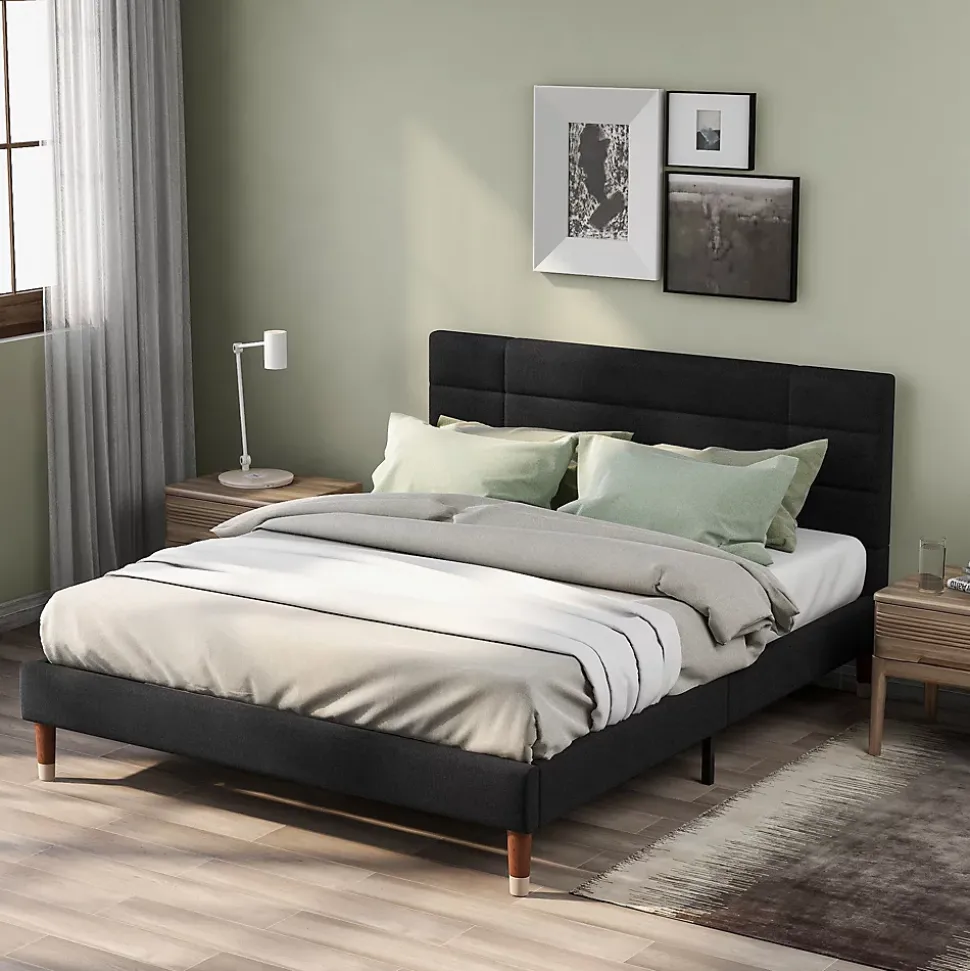 Lit double 140x200 cm - Lit capitonné avec sommier à lattes - Lin - Sans Matelas - Noir