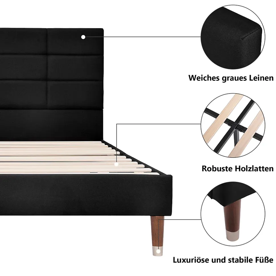 Lit double 140x200 cm - Lit capitonné avec sommier à lattes - Lin - Sans Matelas - Noir