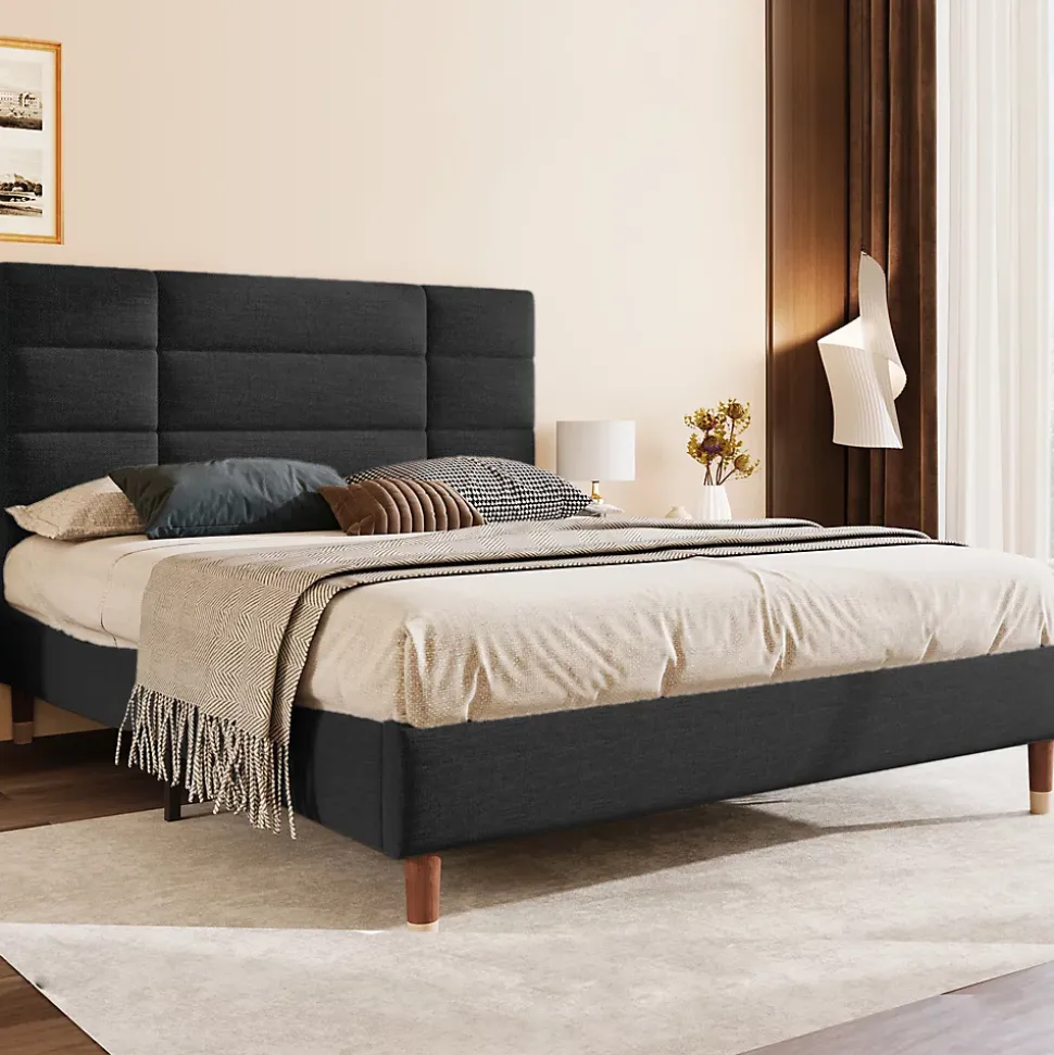 Lit double 140x200 cm - Lit capitonné avec sommier à lattes - Lin - Sans Matelas - Noir