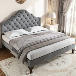 Lit Double 140x200 cm - Lit Capitonné en Velours avec Tête de Lit Réglable, Sommier à Lattes en Bois, Sans Matelas - Gris