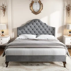 Lit Double 140x200 cm - Lit Capitonné en Velours avec Tête de Lit Réglable, Sommier à Lattes en Bois, Sans Matelas - Gris