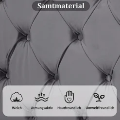 Lit Double 140x200 cm - Lit Capitonné en Velours avec Tête de Lit Réglable, Sommier à Lattes en Bois, Sans Matelas - Gris