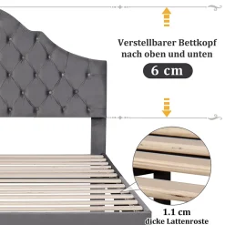 Lit Double 140x200 cm - Lit Capitonné en Velours avec Tête de Lit Réglable, Sommier à Lattes en Bois, Sans Matelas - Gris