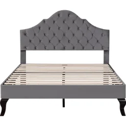 Lit Double 140x200 cm - Lit Capitonné en Velours avec Tête de Lit Réglable, Sommier à Lattes en Bois, Sans Matelas - Gris