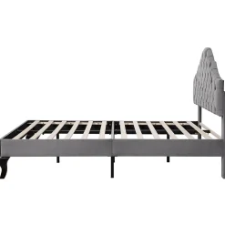 Lit Double 140x200 cm - Lit Capitonné en Velours avec Tête de Lit Réglable, Sommier à Lattes en Bois, Sans Matelas - Gris