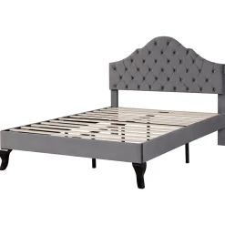 Lit Double 140x200 cm - Lit Capitonné en Velours avec Tête de Lit Réglable, Sommier à Lattes en Bois, Sans Matelas - Gris