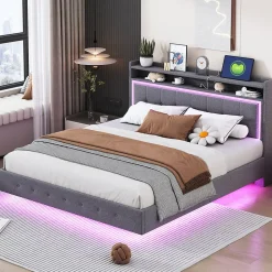 Lit Double 160x200 cm - Lit capitonné Adulte avec LED Intégrée et Port USB, Pieds Cachés Lin Gris