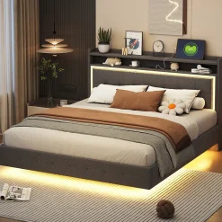 Lit Double 160x200 cm - Lit capitonné Adulte avec LED Intégrée et Port USB, Pieds Cachés Lin Gris