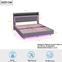 Lit Double 160x200 cm - Lit capitonné Adulte avec LED Intégrée et Port USB, Pieds Cachés Lin Gris