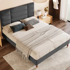 Lit double 140x200 cm - Lit capitonné avec tête de lit - Lin - Sans Matelas - Gris