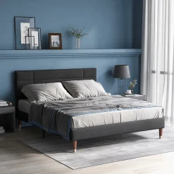 Lit double 140x200 cm - Lit capitonné avec tête de lit - Lin - Sans Matelas - Gris