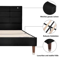 Lit double 140x200 cm - Lit capitonné avec tête de lit - Lin - Sans Matelas - Gris